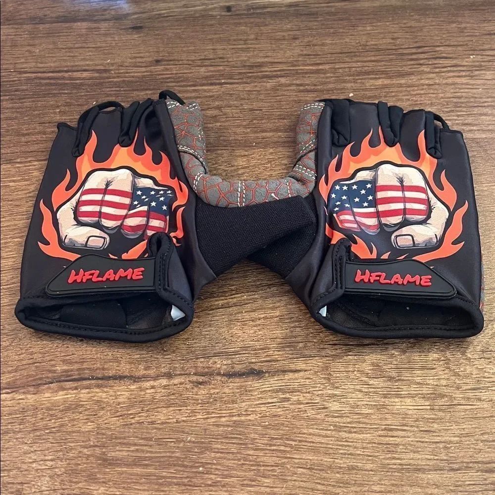 Bike Gloves Black and Gray Gloves with Flame Design